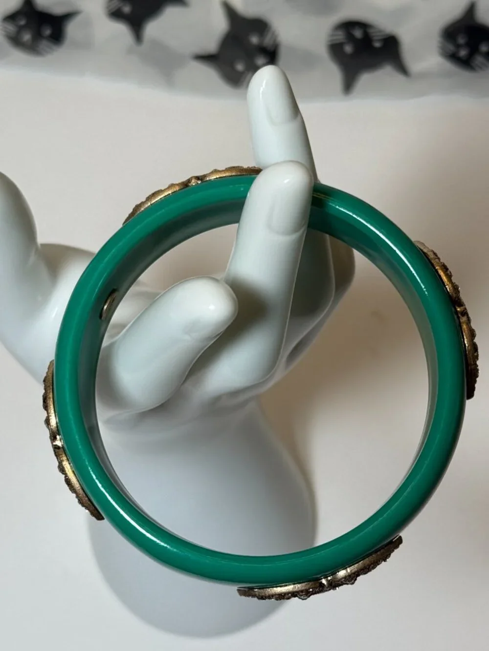 Green Teal Jeweled Cuff Bangle Bracelet Faux Diamond Jeweled Vintage Look